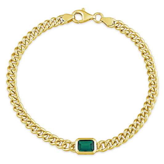 Created Emerald Cuban Chain Bracelet In Yellow Silver