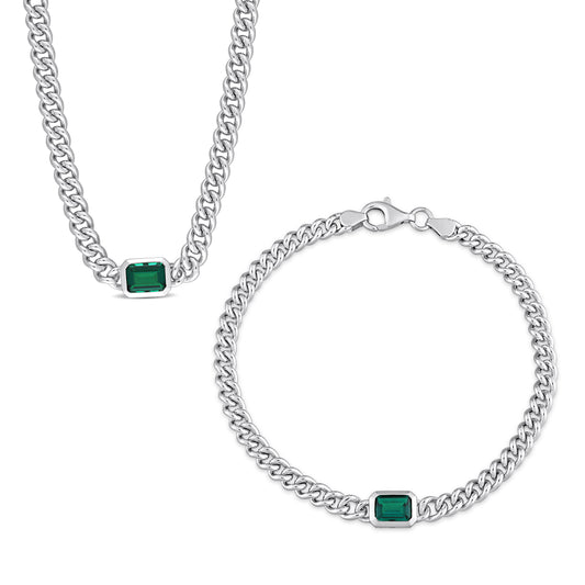 2 - Piece Created Emerald Cuban Link Necklace and Bracelet