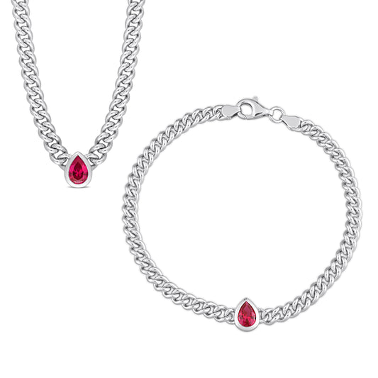 2-Piece Created Ruby Necklace and Bracelet Cuban Link Necklace and Bracelet