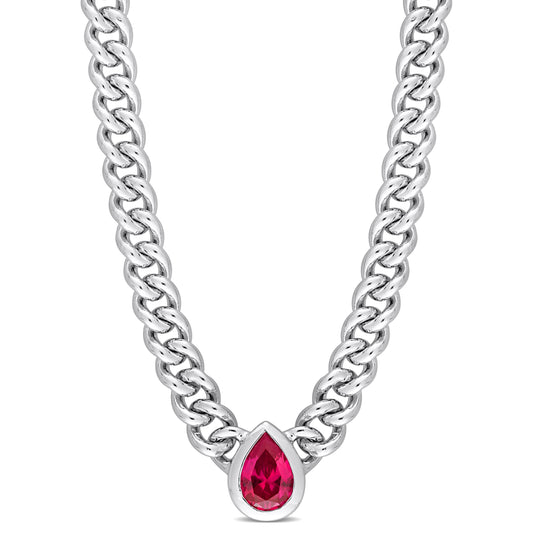 Created Ruby Solitaire Marquise Curb Chain Necklace