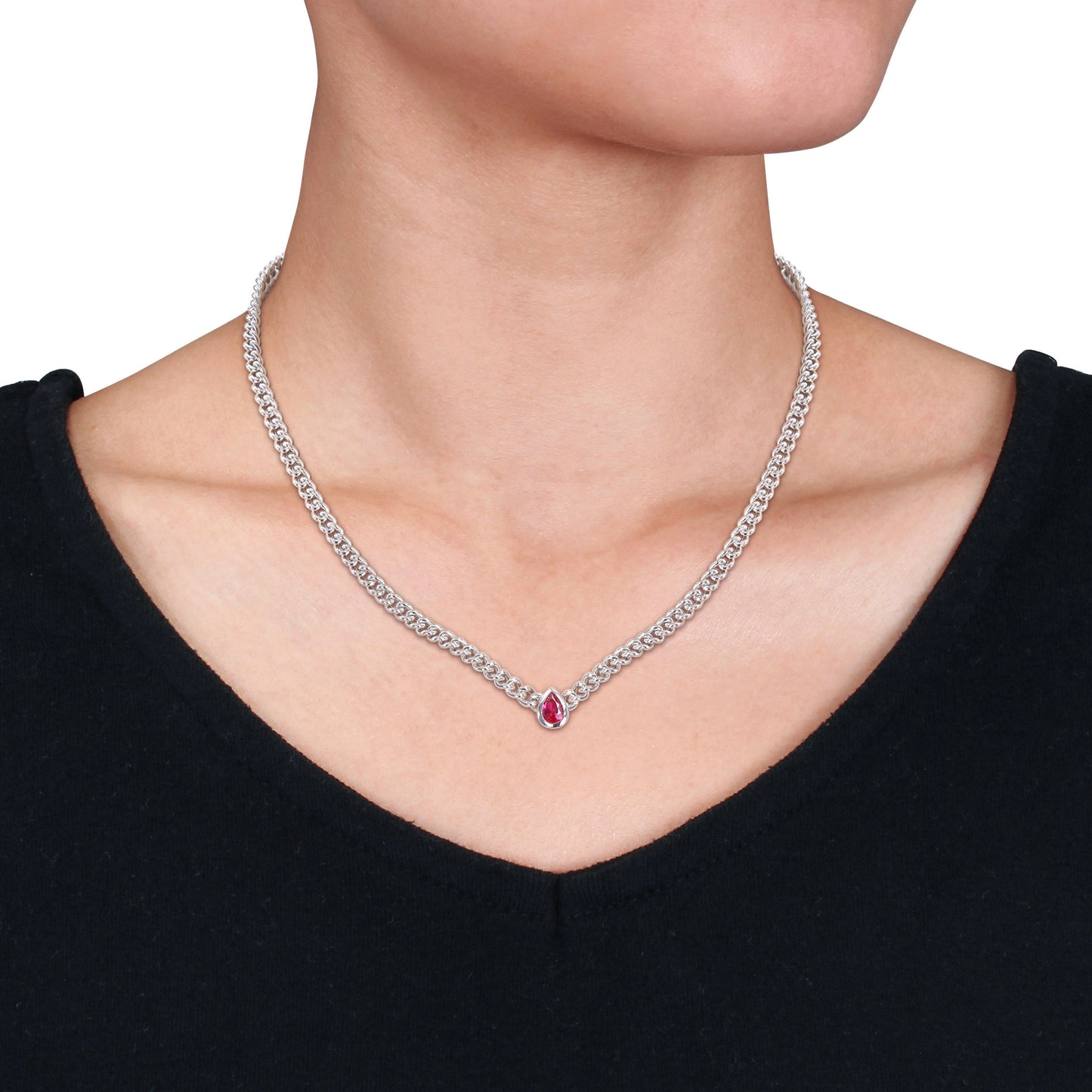 Created Ruby Solitaire Marquise Curb Chain Necklace
