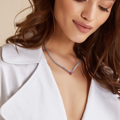 Created Ruby Solitaire Marquise Curb Chain Necklace
