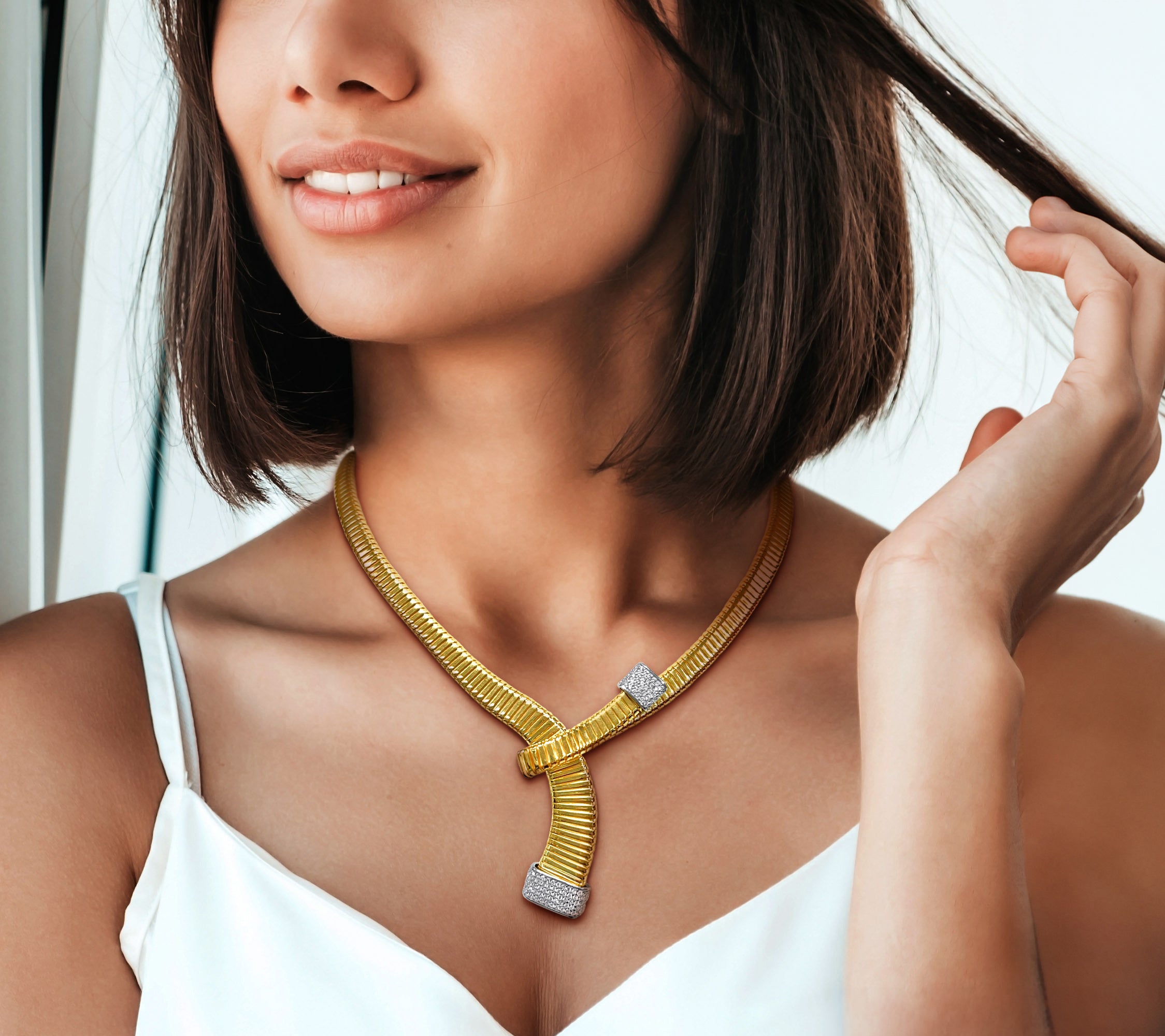 Omega Cubic Zirconia Loop Necklace In Yellow And White Omega Cubic Zirconia Loop Necklace In Yellow And White