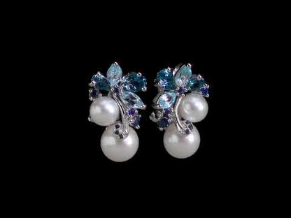 2 7/8 CT TGW Blue Topaz - London Blue Topaz - Sky Sapphire And White Freshwater Cultured Pearl Fashion Post Earrings Silver