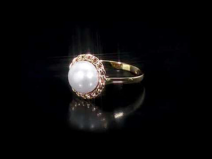 9-9.5Mm Cultured Freshwater Pearl Halo Link Ring In Yellow Plated Sterling Silver