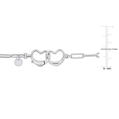 Silver White Paper Clip Link Bracelet w/ Double Heart Clasp 7.50
