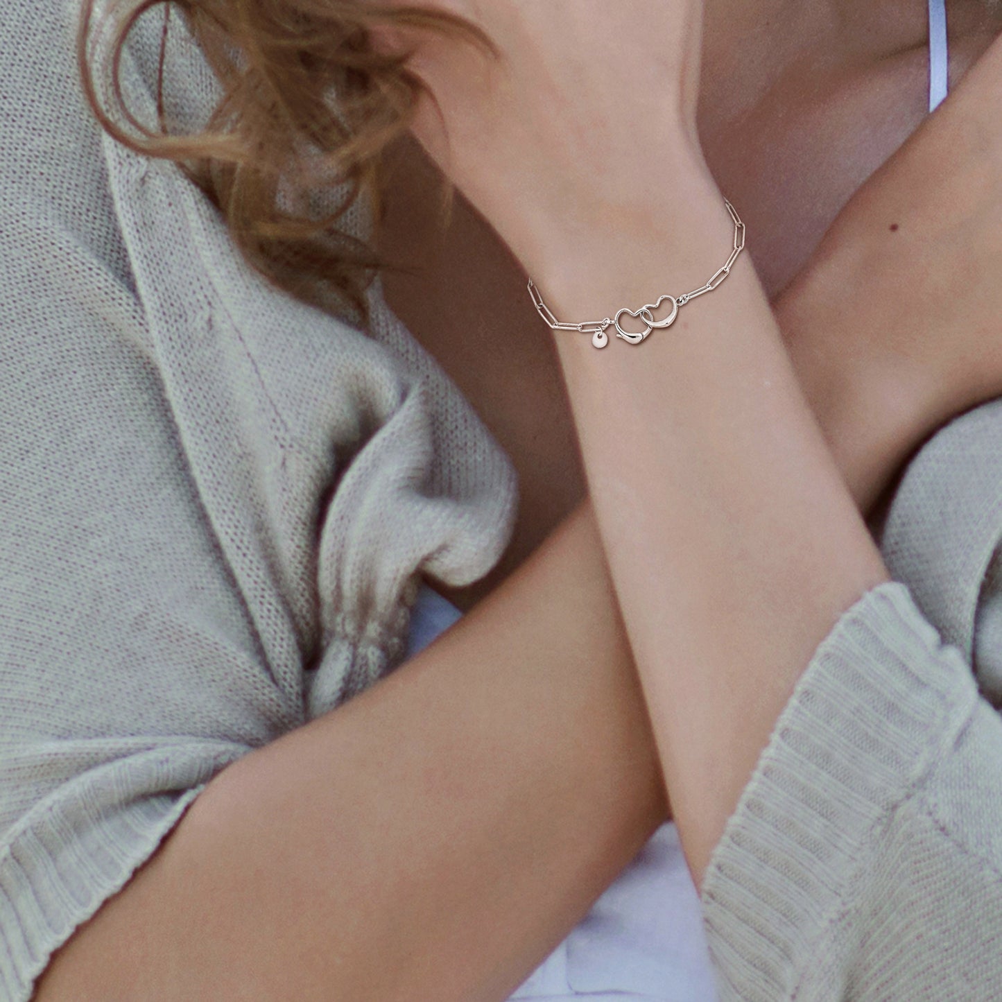 Silver White Paper Clip Link Bracelet w/ Double Heart Clasp 7.50