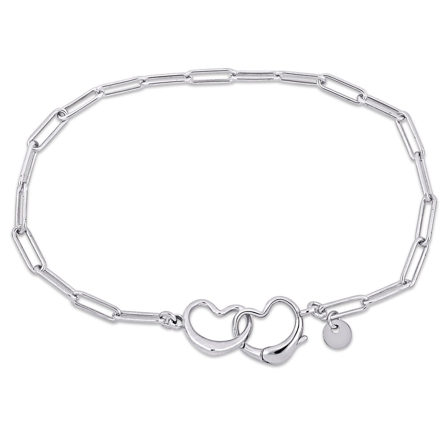 Silver White Paper Clip Link Bracelet w/ Double Heart Clasp 7.50