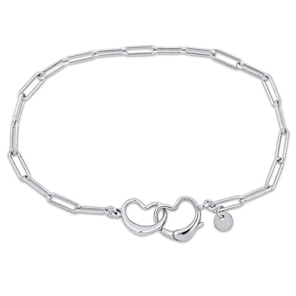 Silver White Paper Clip Link Bracelet w/ Double Heart Clasp 7.50