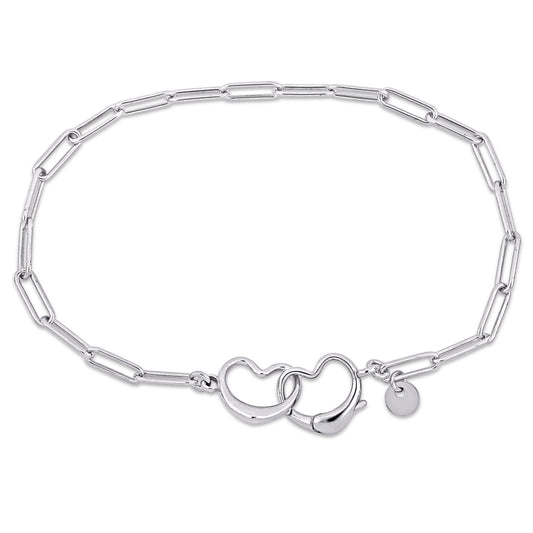 Silver White Paper Clip Link Bracelet w/ Double Heart Clasp 7.50