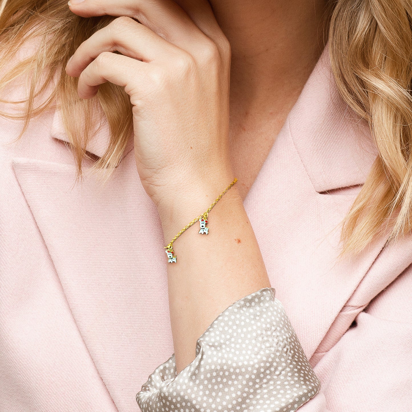 Kids Silver Yellow Dog Charm Bracelet w/ Enamel on 2mm Rolo Chain w/spring ring clasp Length (inches): 6.5+ 1/2 ext.