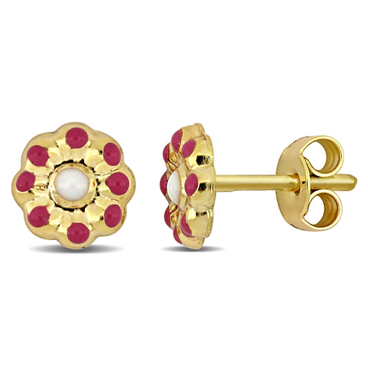 14K Yellow Gold pink and white Flower enamel stud Earrings