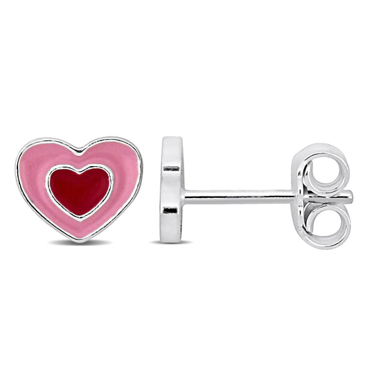 Kids Silver White Pink Heart Enamel Stud Earrings