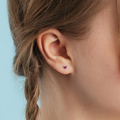 Kids Silver White Pink Heart Enamel Stud Earrings