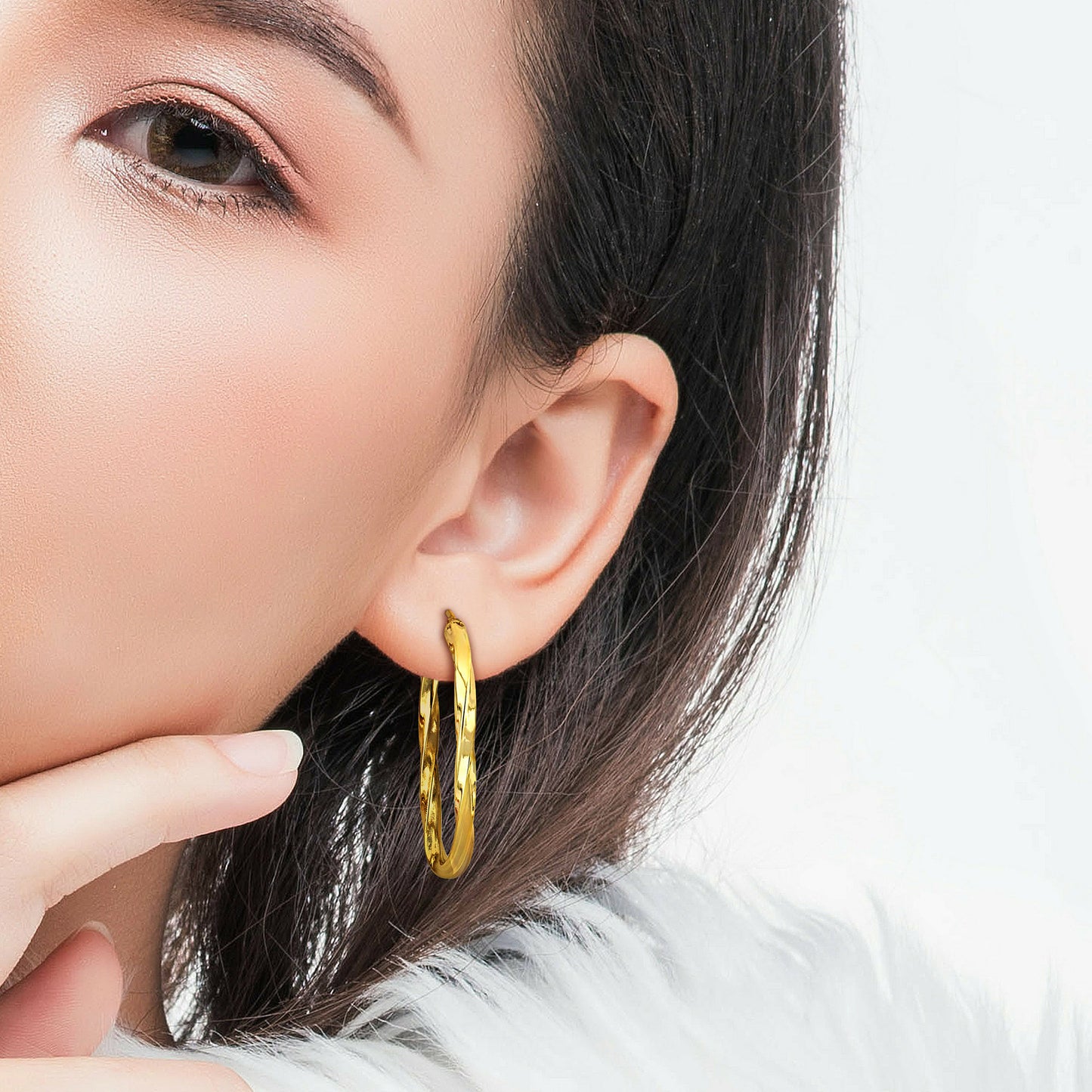 Silver yellow 48X 25mm oval twist Hoop Earrings 4mm wide