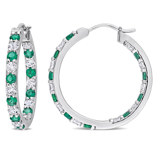2 3/8 ct TGW Created emerald created white sapphire hoop earrings silver