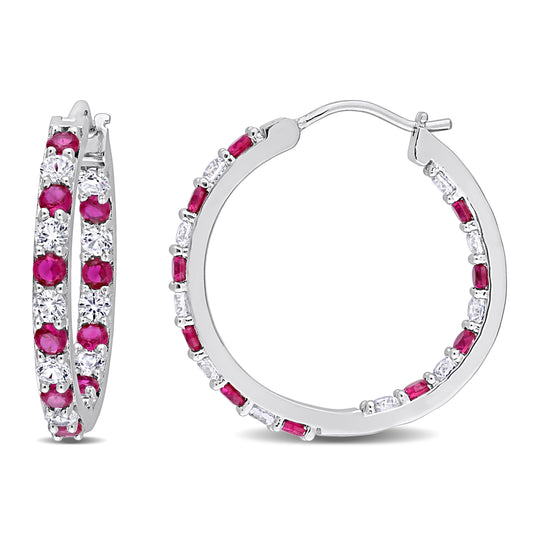 3.6 ct TGW Created ruby created white sapphire hoop earrings silver