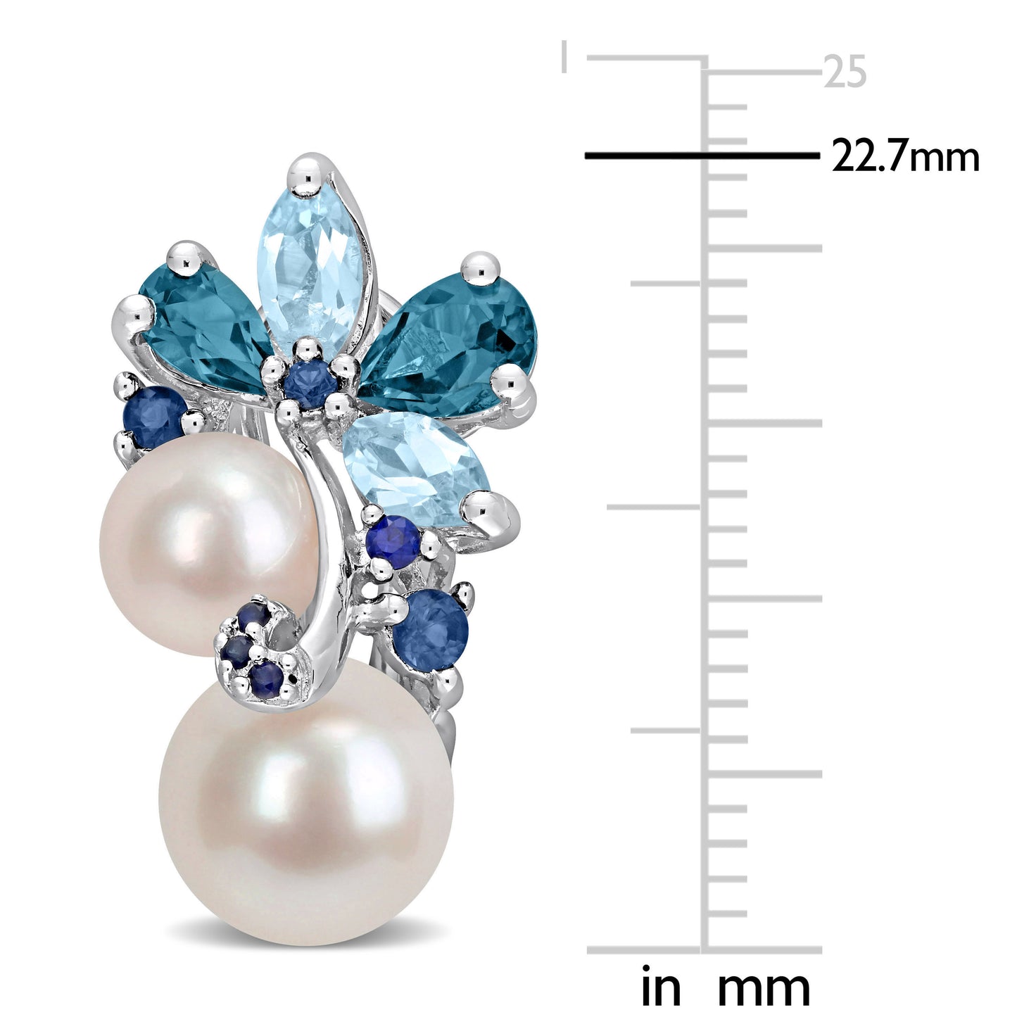 2 7/8 CT TGW Blue Topaz - London Blue Topaz - Sky Sapphire And White Freshwater Cultured Pearl Fashion Post Earrings Silver