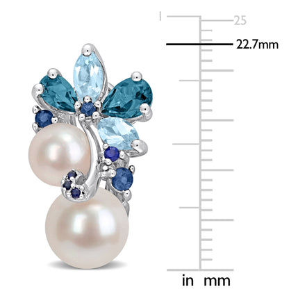 2 7/8 CT TGW Blue Topaz - London Blue Topaz - Sky Sapphire And White Freshwater Cultured Pearl Fashion Post Earrings Silver