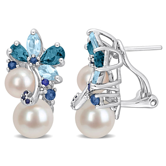 2 7/8 CT TGW Blue Topaz - London Blue Topaz - Sky Sapphire And White Freshwater Cultured Pearl Fashion Post Earrings Silver