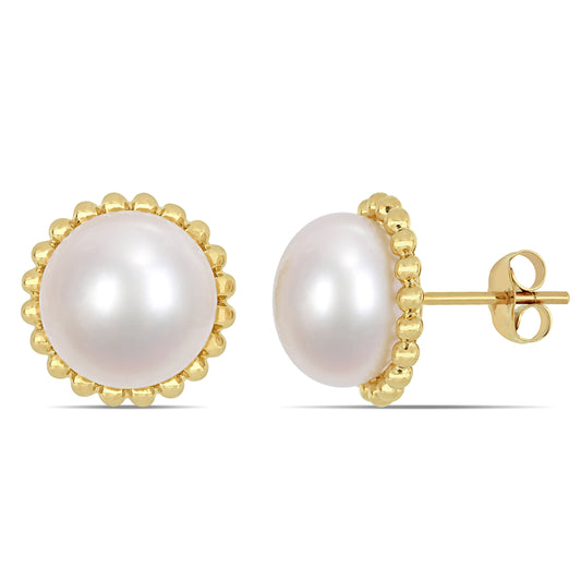10.5 - 11 MM White Freshwater Cultured Pearl Fashion Post Earrings 10k Yellow Gold