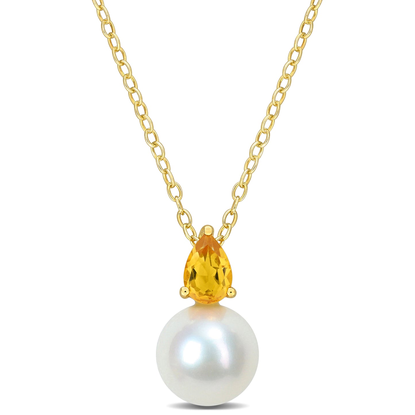 0.45 CT TGW Citrine And 8.5 - 9 MM White Freshwater Cultured Pearl Fashion Pendant With Chain Yellow Silver