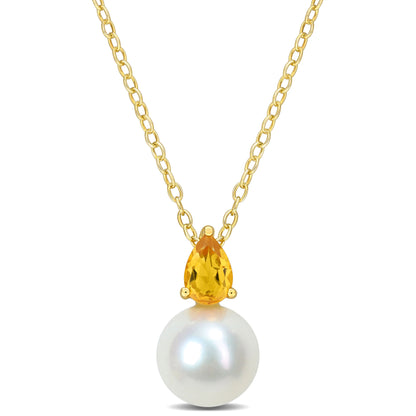 0.45 CT TGW Citrine And 8.5 - 9 MM White Freshwater Cultured Pearl Fashion Pendant With Chain Yellow Silver