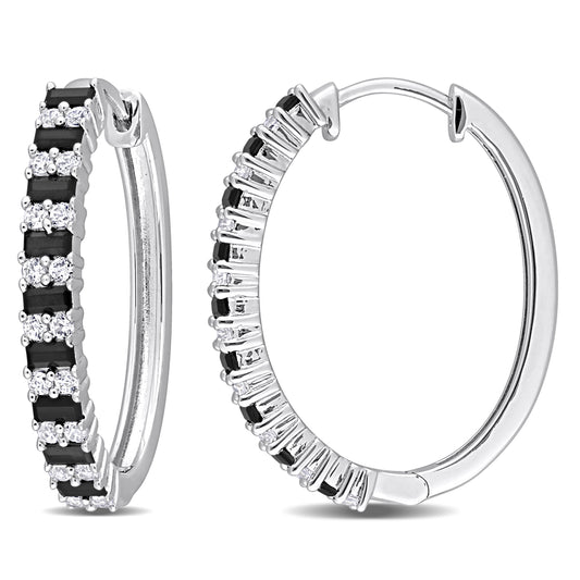 2 1/2 ct TGW Black spinel created white sapphire hoop earrings silver