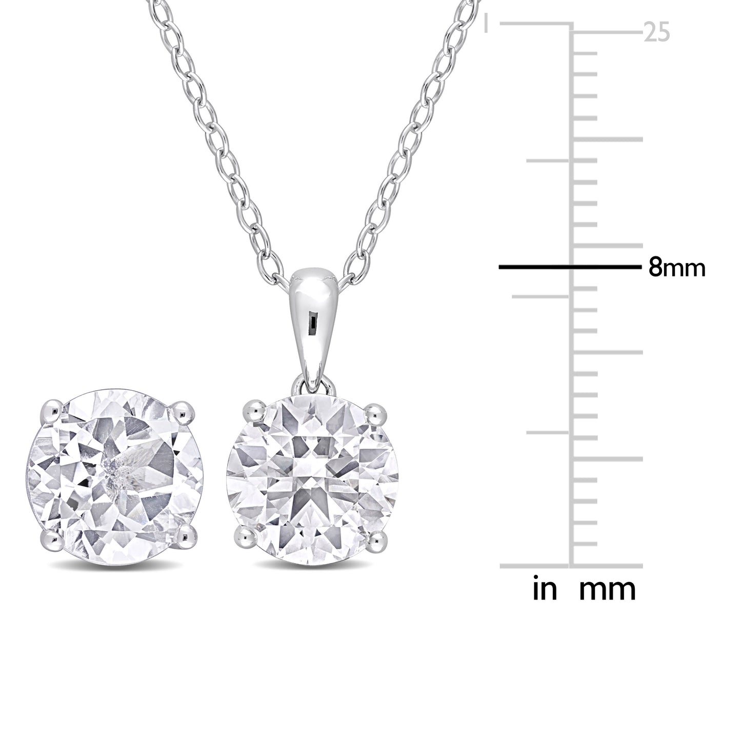 Round Solitaire White Topaz Pendant and Studs Set