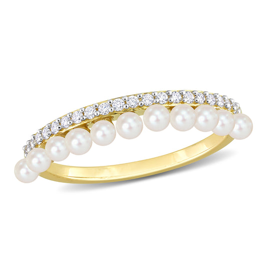 Half eternity pearl + diamond ring 14K gold