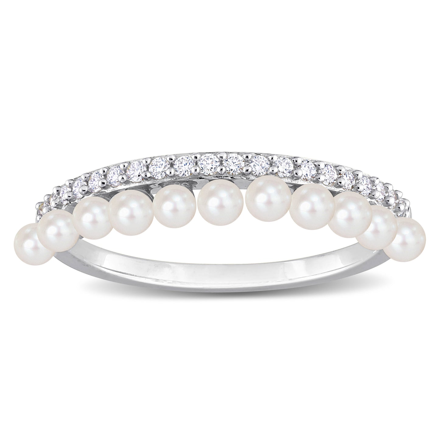 1/6 CT Diamond TW 2-2.5 MM White Freshwater Cultured Pearl Fashion Ring 14k White Gold GH I1