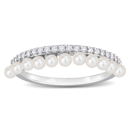 1/6 CT Diamond TW 2-2.5 MM White Freshwater Cultured Pearl Fashion Ring 14k White Gold GH I1