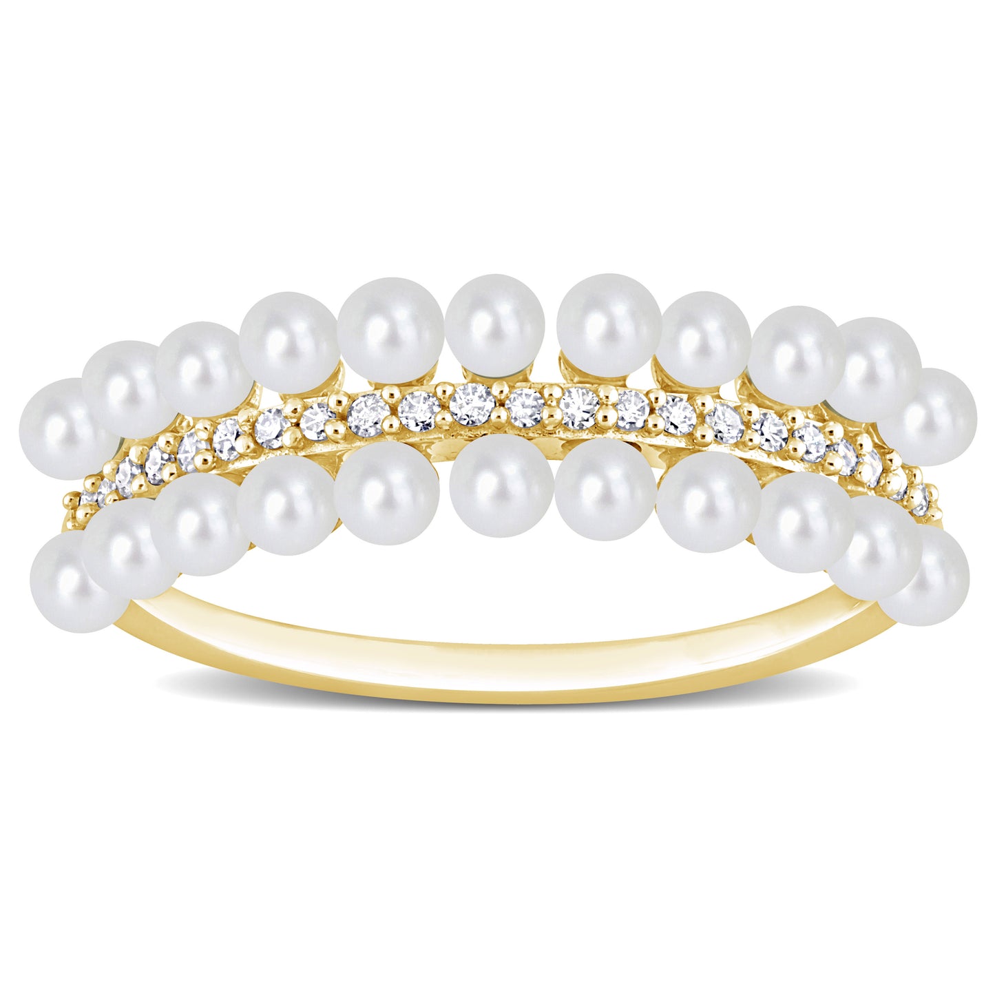 1/10 CT Diamond TW 2-2.5 MM White Freshwater Cultured Pearl Fashion Ring 10k Yellow Gold GH I2;I3