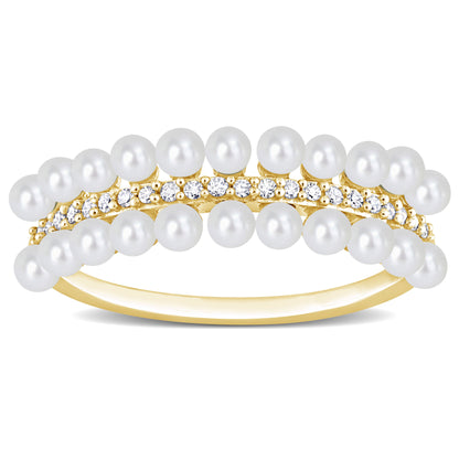 1/10 CT Diamond TW 2-2.5 MM White Freshwater Cultured Pearl Fashion Ring 10k Yellow Gold GH I2;I3