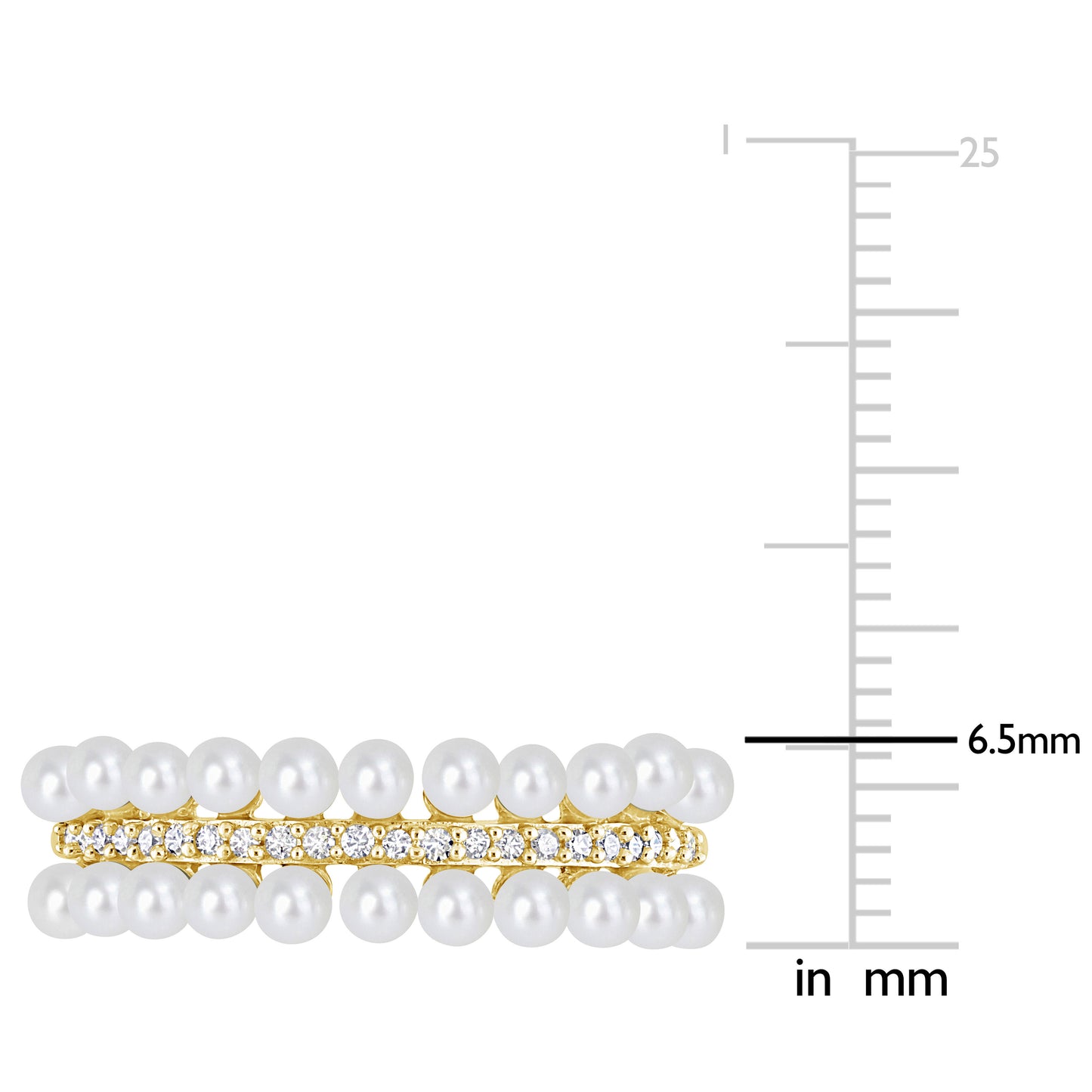 1/10 CT Diamond TW 2-2.5 MM White Freshwater Cultured Pearl Fashion Ring 10k Yellow Gold GH I2;I3