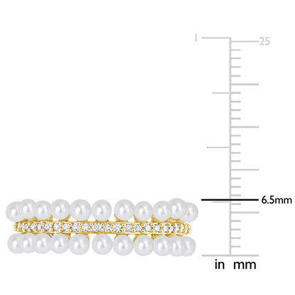 1/10 CT Diamond TW 2-2.5 MM White Freshwater Cultured Pearl Fashion Ring 10k Yellow Gold GH I2;I3