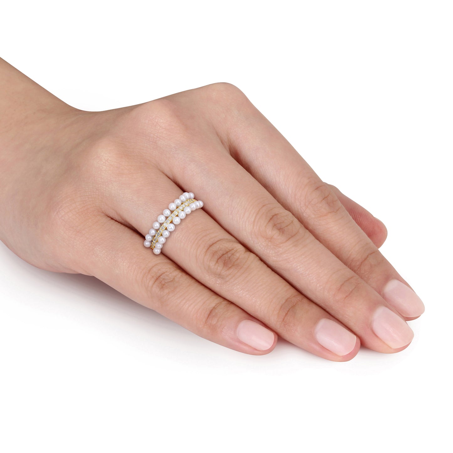 1/10 CT Diamond TW 2-2.5 MM White Freshwater Cultured Pearl Fashion Ring 10k Yellow Gold GH I2;I3