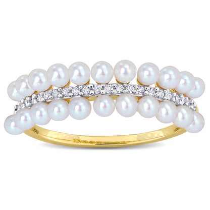 1/10 CT Diamond TW 2-2.5 MM White Freshwater Cultured Pearl Fashion Ring 14k Yellow Gold GH I1;I2