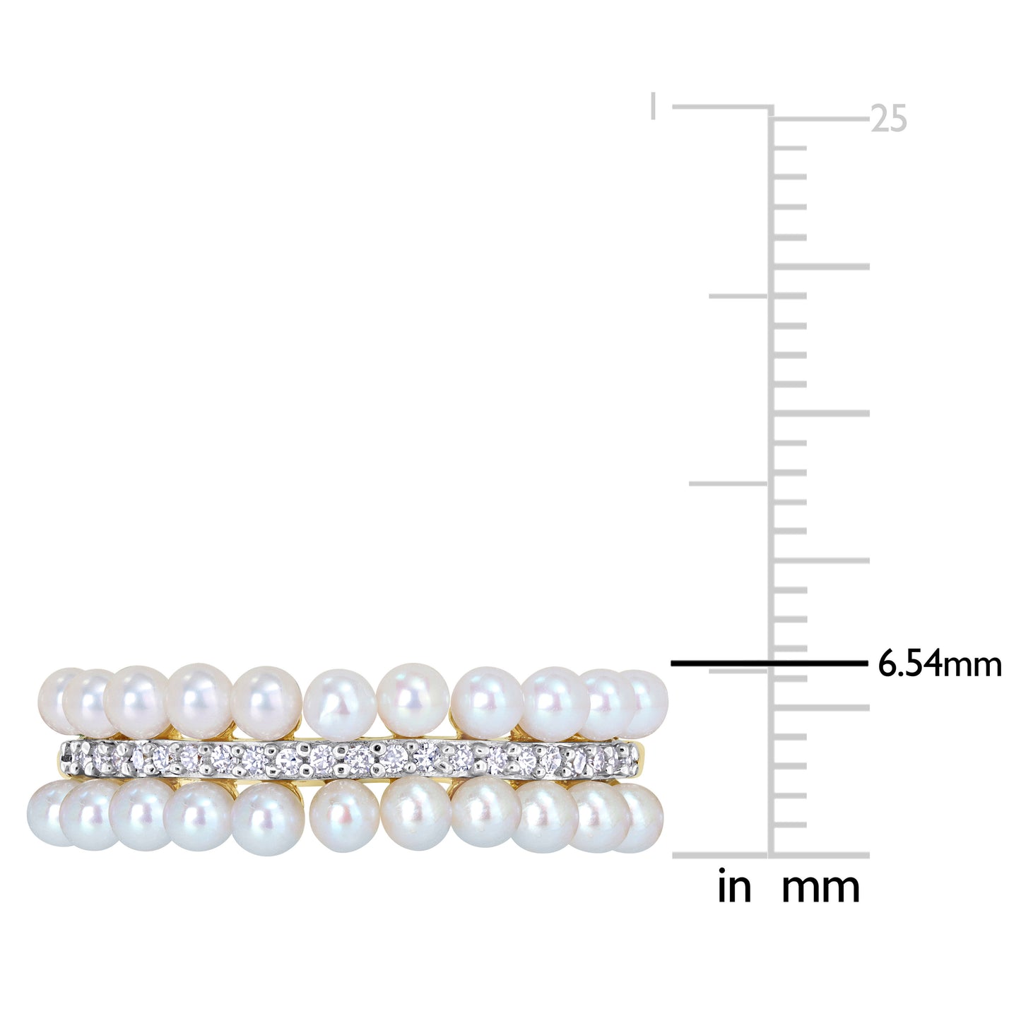 1/10 CT Diamond TW 2-2.5 MM White Freshwater Cultured Pearl Fashion Ring 14k Yellow Gold GH I1;I2