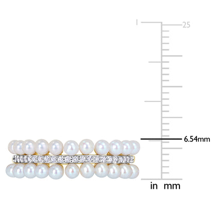 1/10 CT Diamond TW 2-2.5 MM White Freshwater Cultured Pearl Fashion Ring 14k Yellow Gold GH I1;I2