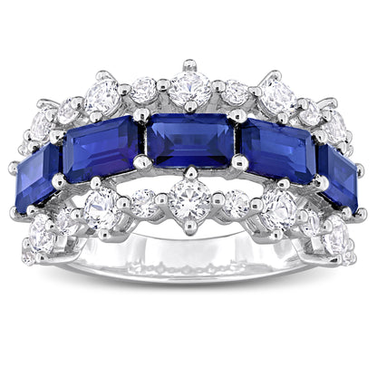 Blue and White Sapphire Three Row Ring