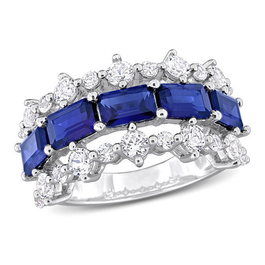 Blue and White Sapphire Three Row Ring