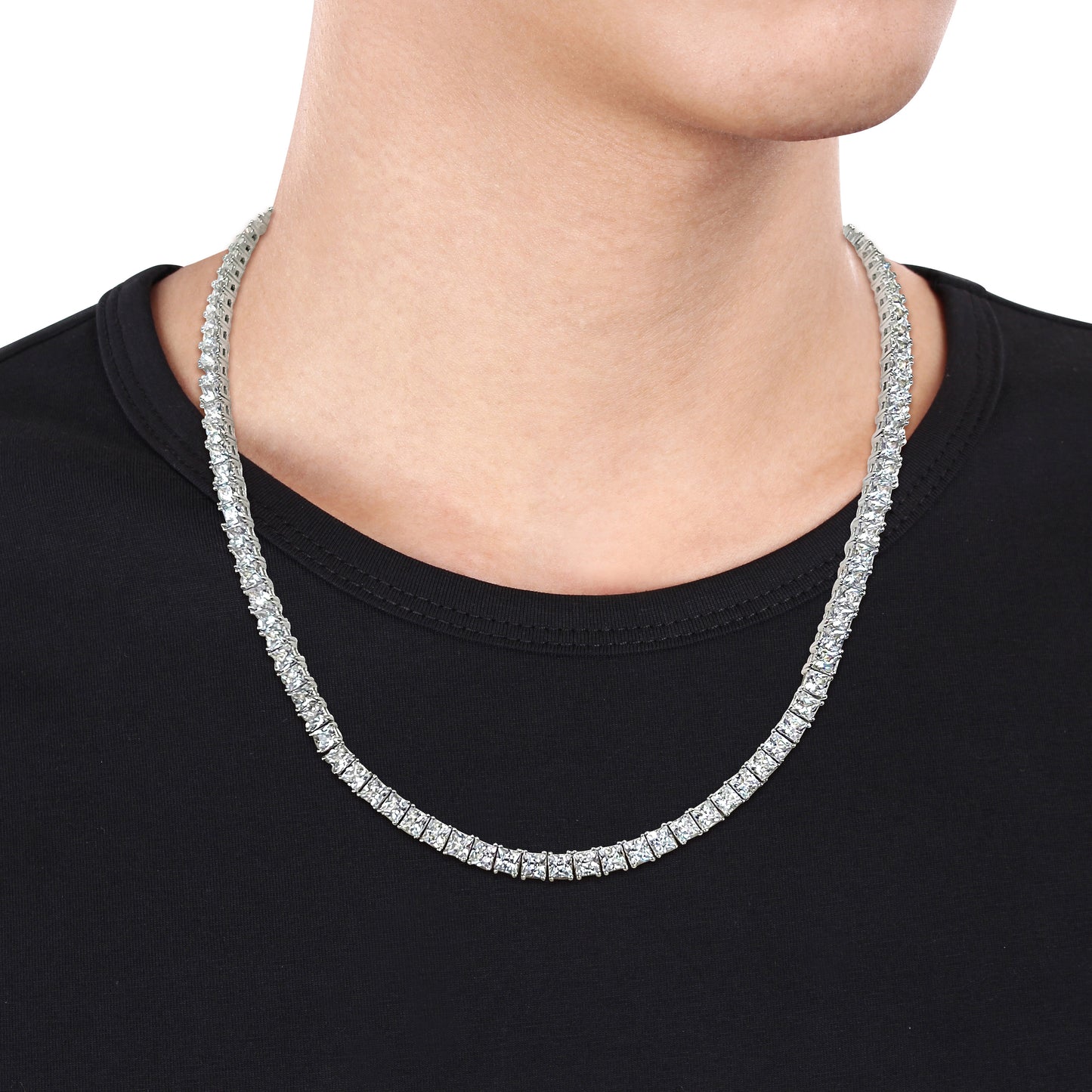 Men's 44 ct tgw 4MM tennis necklace, square cut sapphires, silver