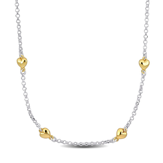 KIDS/TEENS Silver White and Yellow 4 Heart Charm station Necklace on diamond Cut Rolo Chain w/lobster Clasp Length (inches): 16.5+1 ext.