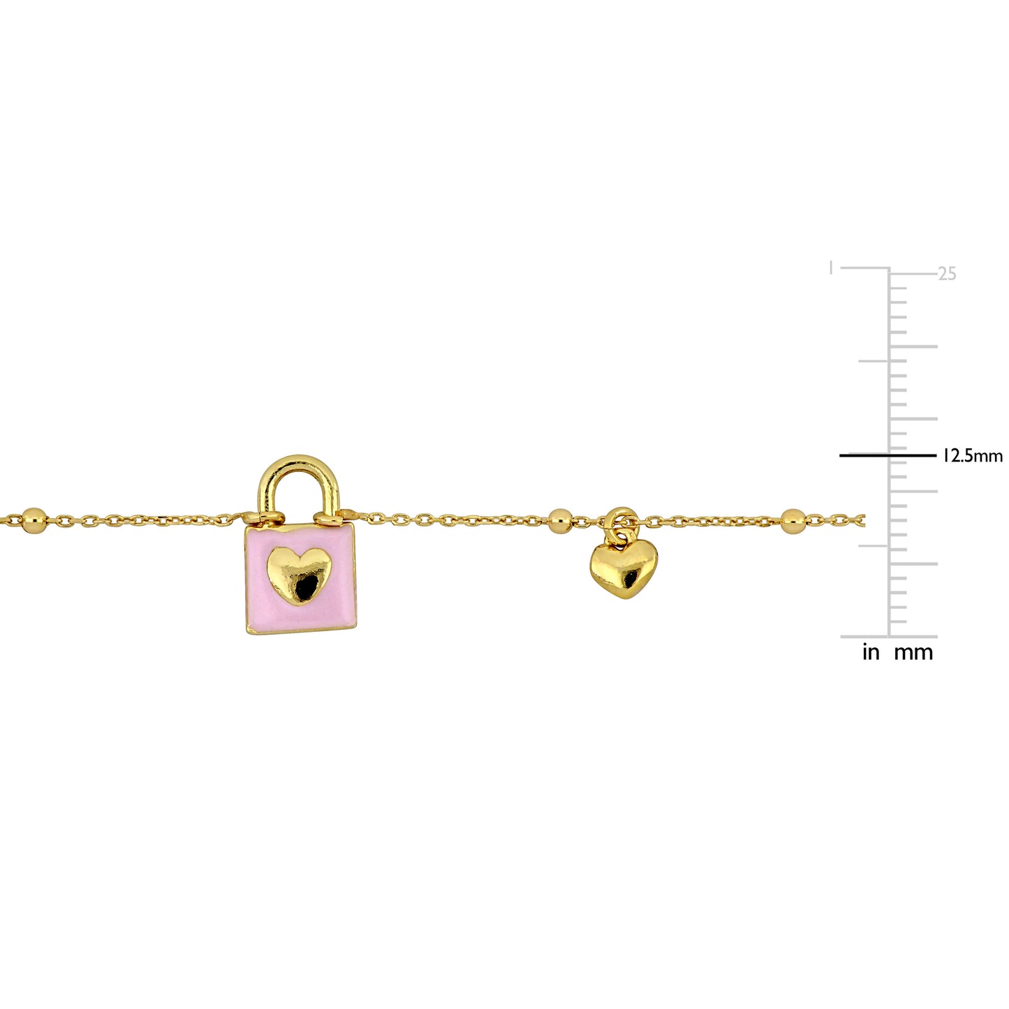 KIDS/TEENS Silver Yellow pink enamel Lock and Heart Charm Necklace On Diamond Cut Cable Ball Bead Chain w/lobster clasp Length (inches): 16.5+1 ext.