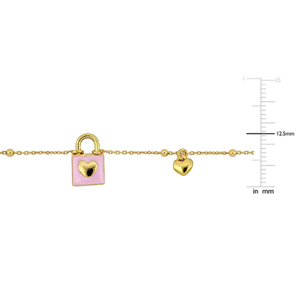 KIDS/TEENS Silver Yellow pink enamel Lock and Heart Charm Necklace On Diamond Cut Cable Ball Bead Chain w/lobster clasp Length (inches): 16.5+1 ext.