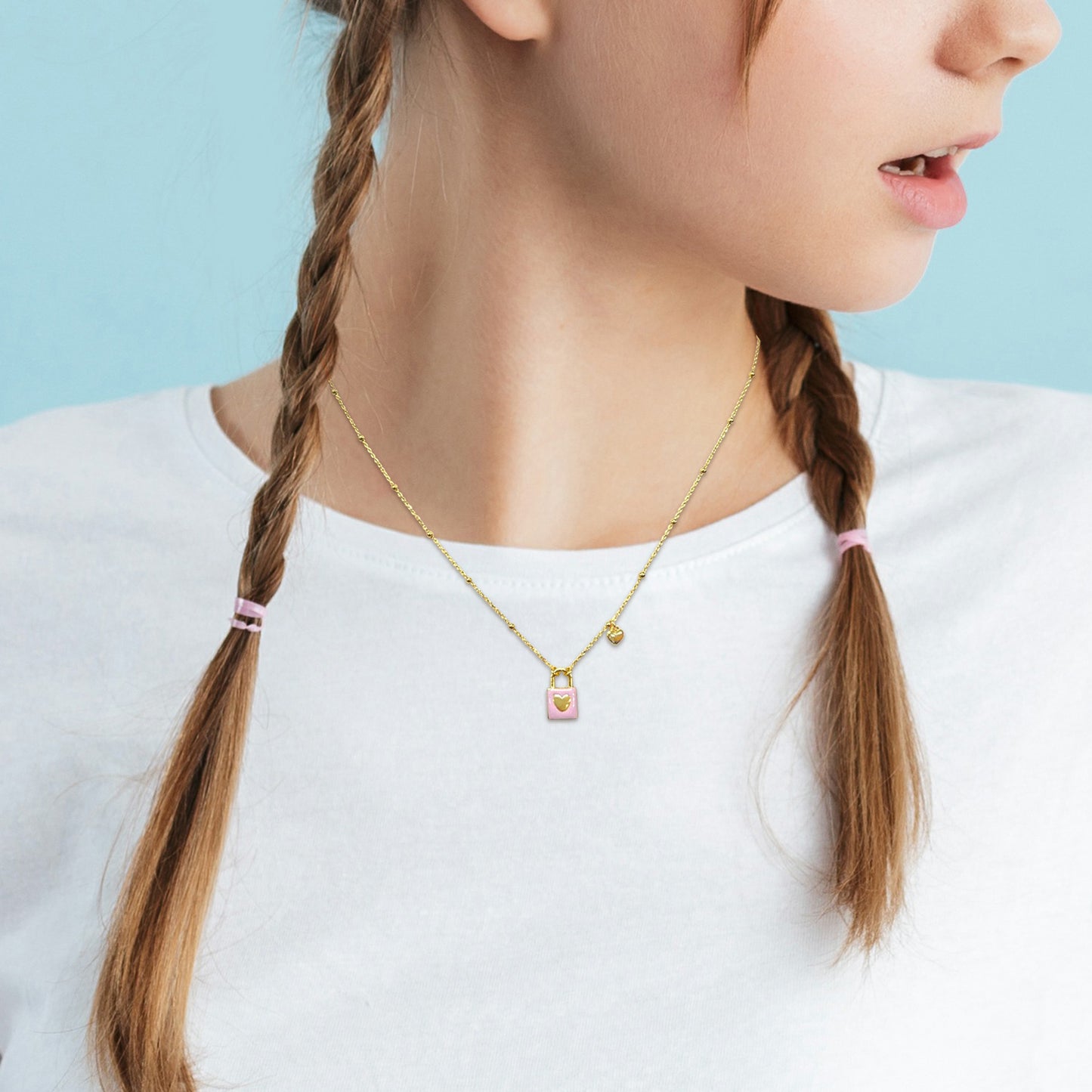 KIDS/TEENS Silver Yellow pink enamel Lock and Heart Charm Necklace On Diamond Cut Cable Ball Bead Chain w/lobster clasp Length (inches): 16.5+1 ext.