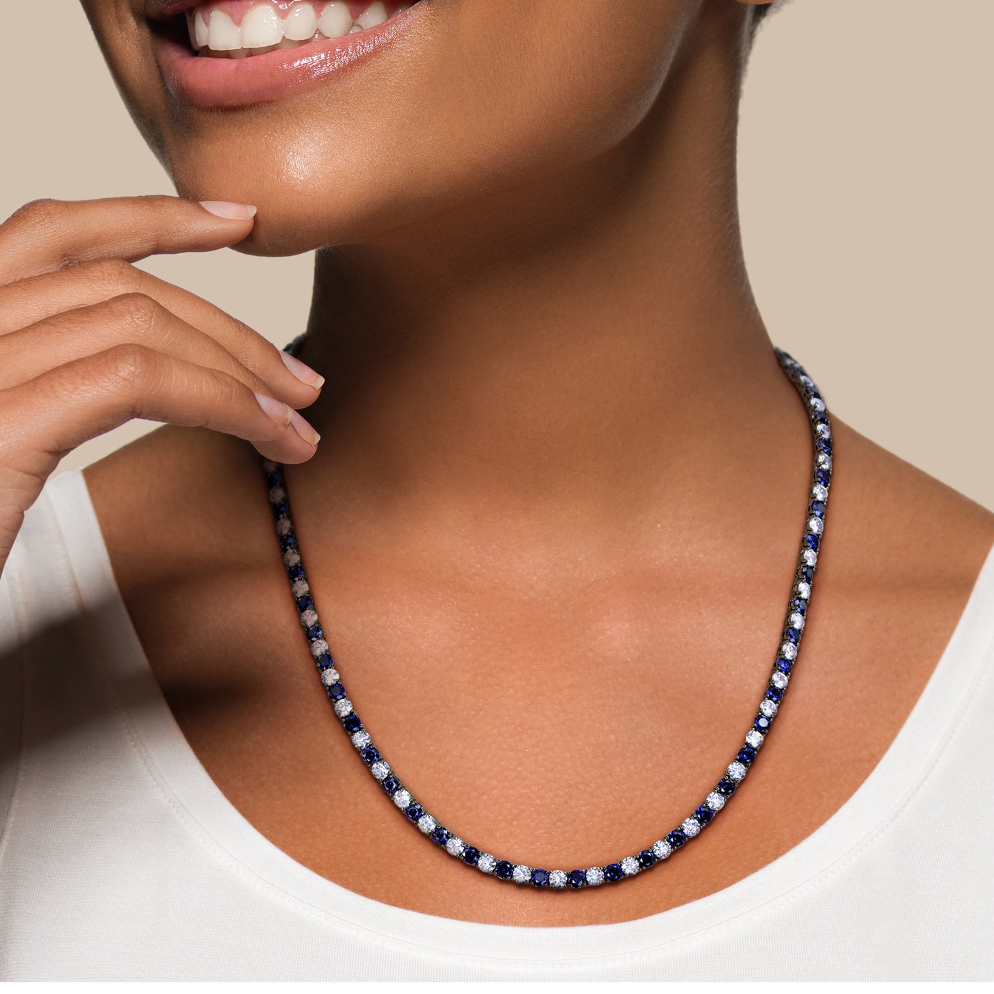 White and Blue Sapphire Necklace in Silver with Black Rhodium