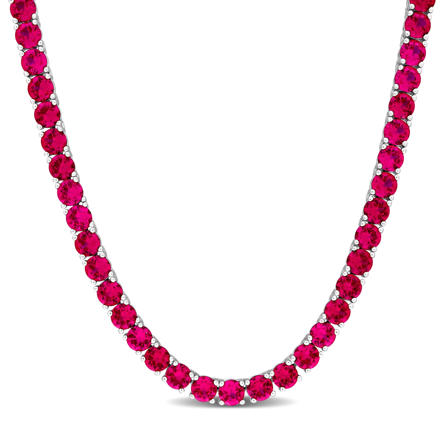 30 ct TGW Created ruby necklace silver white w/ lobster claw clasp length (inches): 17+3 ext.