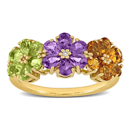 SILVER YELLOW 3 FLOWER DESIGN 2 3/4 CT TGW Amethyst Citrine Peridot & White Topaz Fashion Ring